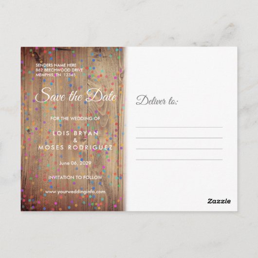 Rustikale Holzpanels Rainbow Confetti Save the Dat Postkarte (Rückseite)