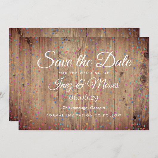 Rustikale Holzpanels Rainbow Confetti Save the Dat Save The Date (Vorne/Hinten)
