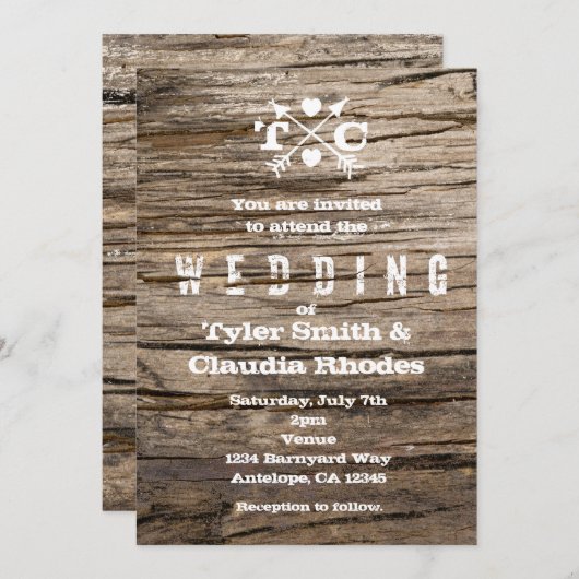 Rustikale Holzpfeile & Herz Einladung zur Hochzeit (Vorne/Hinten)