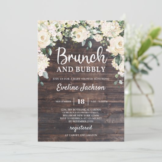 Rustikale Holzpflanzen boho Blumenbrunch und blubb Einladung (Stehend Vorderseite)
