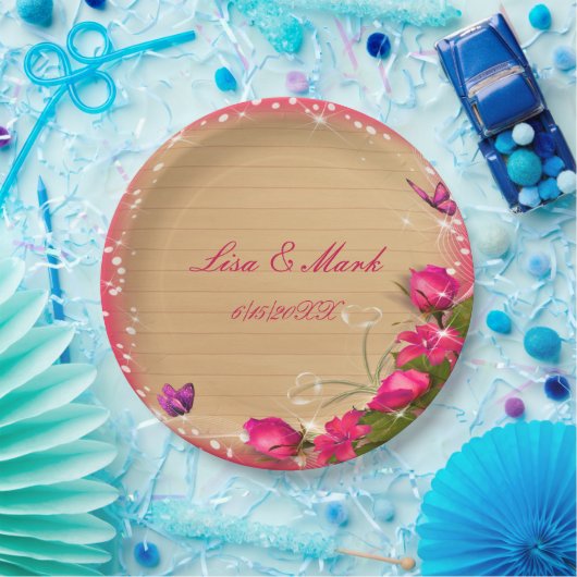 Rustikale Holzpink-Blütenschmetterlingshochzeit Pappteller (Party)