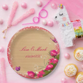 Rustikale Holzpink-Blütenschmetterlingshochzeit Pappteller (Party)