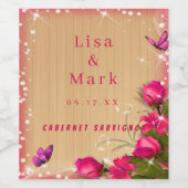 Rustikale Holzpink-Blütenschmetterlingshochzeit Weinetikett (Einzelnes Label)