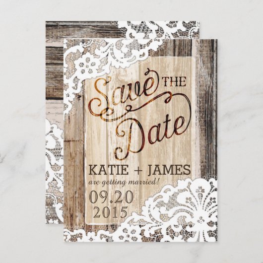 Rustikale Holzplanen und Spitzen Save the Date Ankündigungspostkarte (Vorne/Hinten)