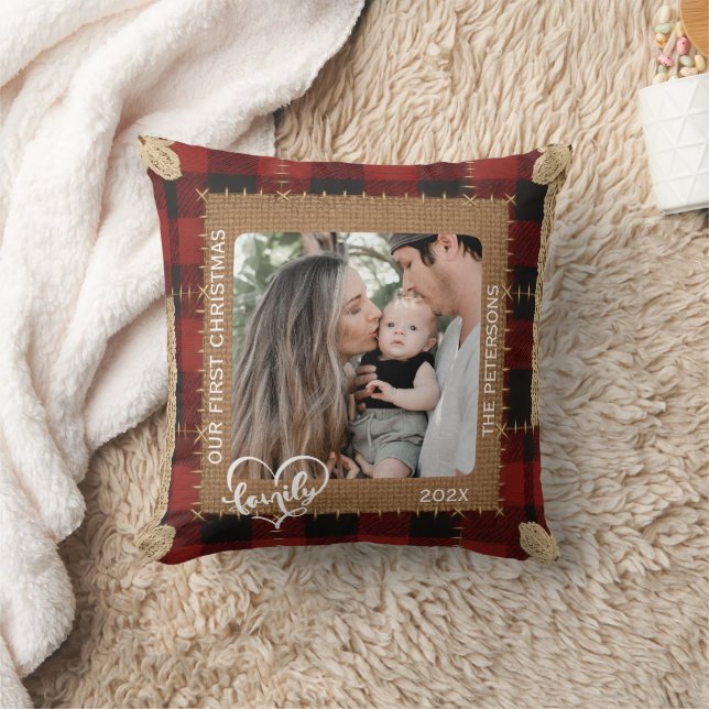 Rustikale Holzplanke Karo Erstes Weihnachten Famil Kissen (Decke)