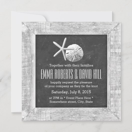 Rustikale Holzrahmen Seashells Beach Wedding Einladung (Vorderseite)