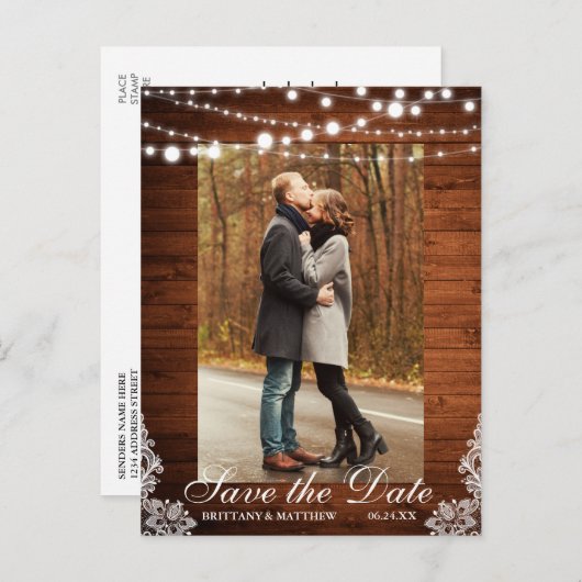 Rustikale Holzsäge leuchten Save the Date Postkarte (Vorne/Hinten)