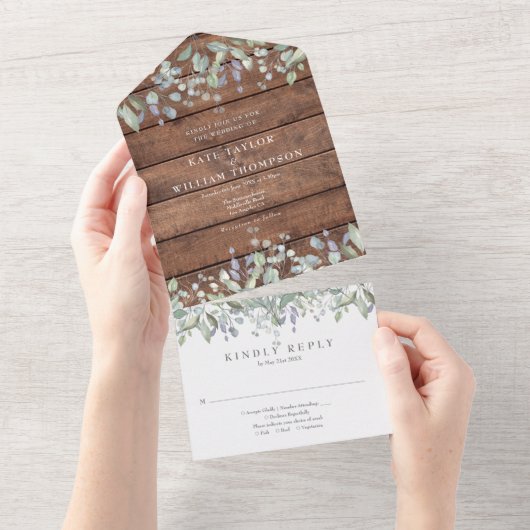 Rustikale Holzsäge und Lilac-Floral-Monogramm-Hoch All In One Einladung (Abreißen)