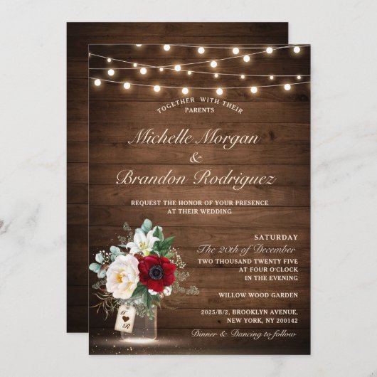 Rustikale Holzsaitenlichter Burgundy Blumenhochzei Einladung (Vorne/Hinten)