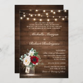 Rustikale Holzsaitenlichter Burgundy Blumenhochzei Einladung (Vorne/Hinten)