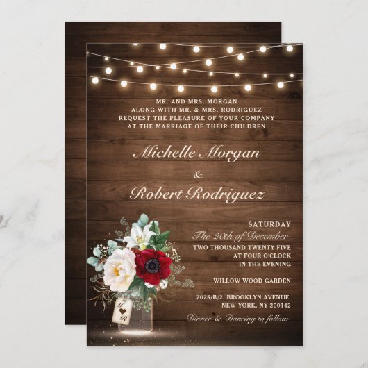 Rustikale Holzsaitenlichter Burgundy Blumenhochzei Einladung (Vorne/Hinten)