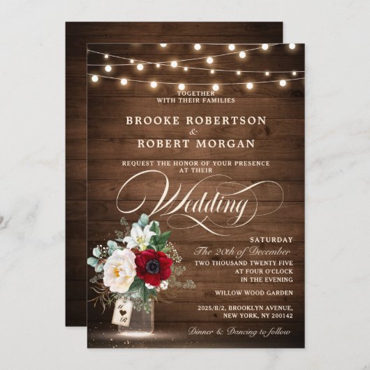 Rustikale Holzsaitenlichter Burgundy Blumenhochzei Einladung (Vorne/Hinten)