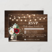 Rustikale Holzsaitenlichter Burgundy Blumenhochzei RSVP Karte (Vorne/Hinten)