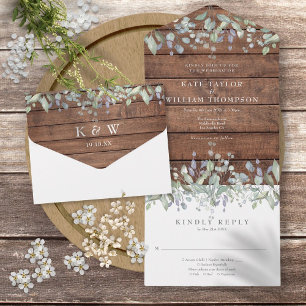 Rustikale Holzsalbei und Flieder Hochzeit All In One Einladung