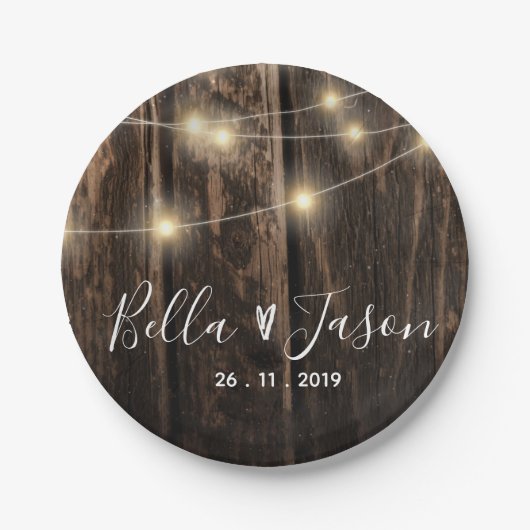 Rustikale Holzsäulenleuchten zum Hochzeitspapier Pappteller (Vorderseite)