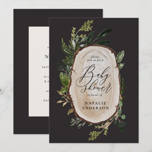 Rustikale Holzscheibe Babydusche Einladung (Vorne/Hinten)