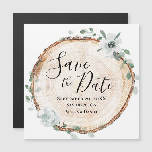 Rustikale Holzscheibe Botanische Save-the-Date-Pos Magneteinladung (Vorne/Hinten)