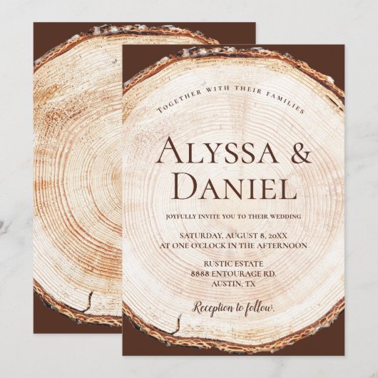 Rustikale Holzscheibe Hochzeit Wald Baum Maßanfert Einladung (Vorne/Hinten)
