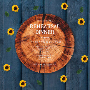 Rustikale Holzscheibe Hochzeitsprobe-Dinner Einladung