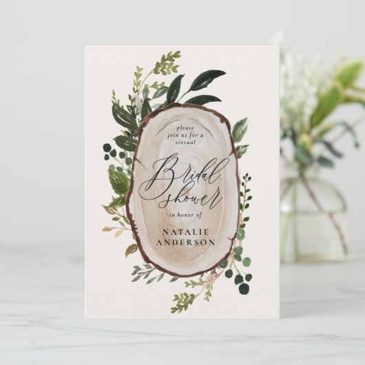 Rustikale Holzscheibe virtuelle Brautdusche Einlad Save The Date (Stehend Vorderseite)