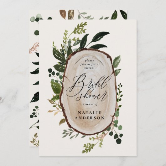 Rustikale Holzscheibe virtuelle Brautdusche Einlad Save The Date (Vorne/Hinten)