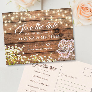 Rustikale Holzscheunen-Lichterketten Save-the-Date Postkarte