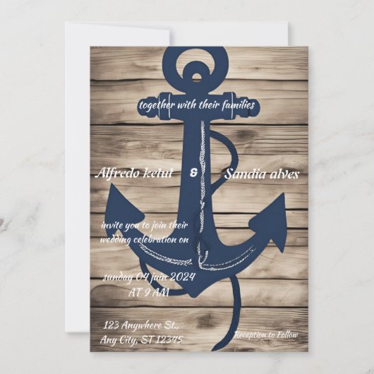 Rustikale Holzschifffahrt Navy Anchor Nautical Wed Einladung (Vorderseite)