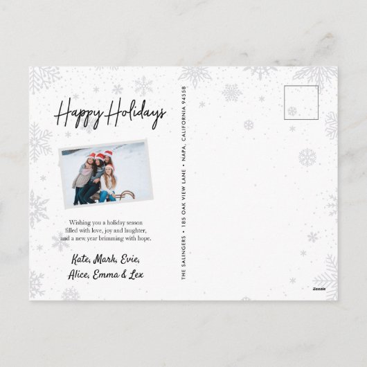 Rustikale Holzschneeflocke Feiertagspostkarte (Rückseite)