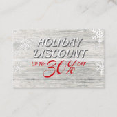 Rustikale Holzschneeflocken mit festlich rotem Scr Rabattkarte (Vorderseite)