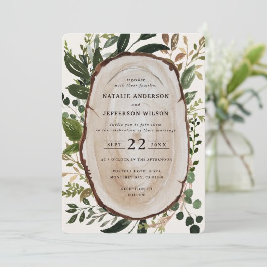 Rustikale Holzschnitzel Hochzeit einladen Save The Date (Stehend Vorderseite)