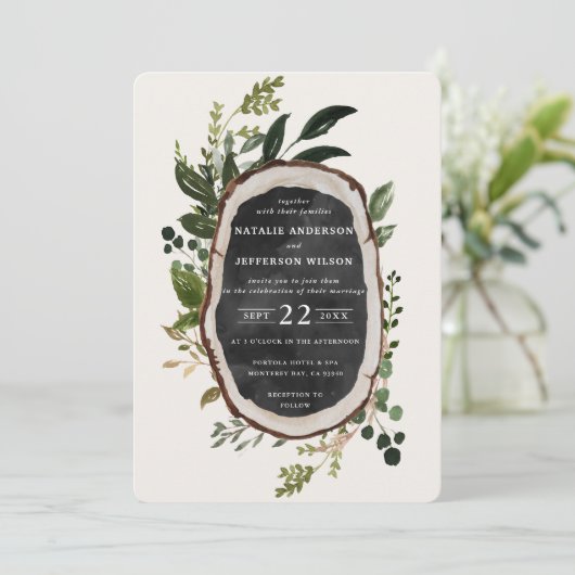 Rustikale Holzschnitzel Hochzeit einladen Save The Date (Stehend Vorderseite)