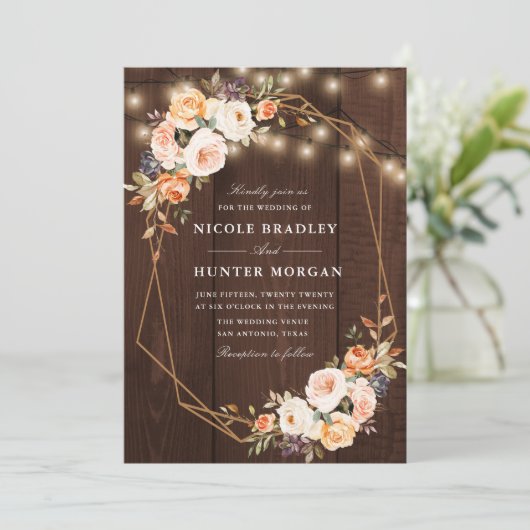 rustikale Holzseillichter fallen Blumenhochzeit Einladung (Stehend Vorderseite)