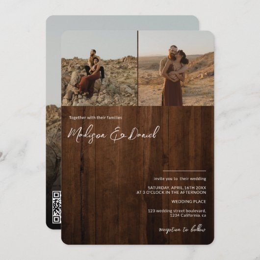 Rustikale Holzskripte Namen 3 Fotos qr Code Hochze Einladung (Vorne/Hinten)