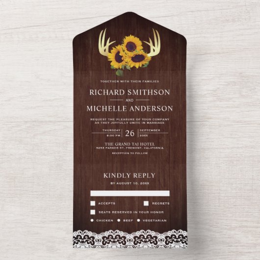 Rustikale Holzsonnenblume Goldhirsche Hochzeit All In One Einladung (Innen Boden)