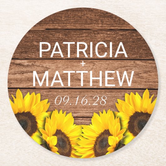 Rustikale Holzsonnenblume Personalisierte Gastgesc Runder Pappuntersetzer (Vorderseite)