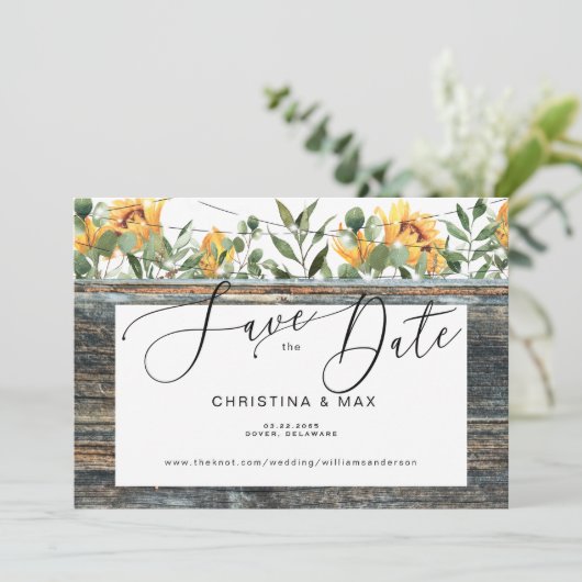 Rustikale Holzsonnenblume und Lichter Save the Dat Save The Date (Stehend Vorderseite)