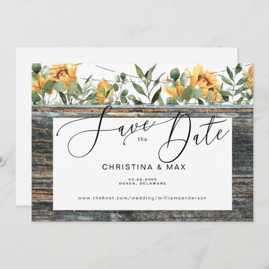 Rustikale Holzsonnenblume und Lichter Save the Dat Save The Date (Vorne/Hinten)