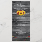 Rustikale Holzsonnenblume und Rote Rose Hochzeit Menükarte (Vorderseite)