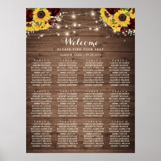 Rustikale Holzsonnenblumen Burgundy Seating Chart Poster (Vorne)