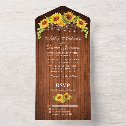 Rustikale Holzsonnenblumen und Lichter All In One Einladung (Innen Boden)