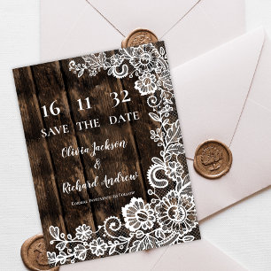 Rustikale Holzspitze Blumen Hochzeit Termin merken Postkarte