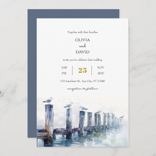 Rustikale Holzsteg Gulls Ocean View Beach Hochzeit Einladung (Vorne/Hinten)