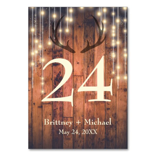 Rustikale Holzstring Light Antler Table Card Tischnummer (Vorderseite)
