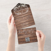 Rustikale Holzstring Lights QR Code Blumenhochzeit All In One Einladung (Abreißen)