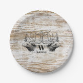 Rustikale Holzstruktur-Hirsch-Wald-Monogramm Pappteller (Vorderseite)
