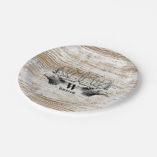 Rustikale Holzstruktur-Hirsch-Wald-Monogramm Pappteller