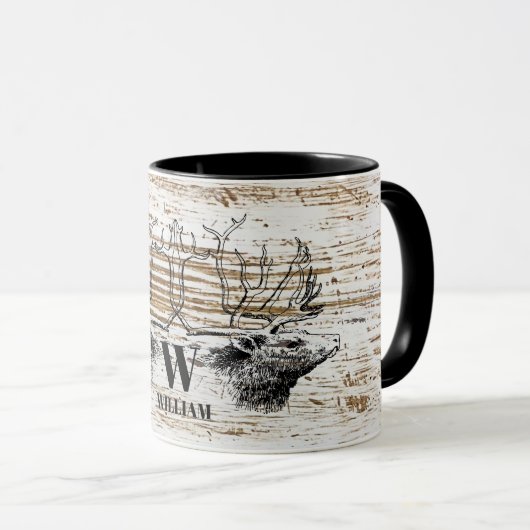 Rustikale Holzstruktur Hirsch Wald Monogramm Tasse (VorderseiteRechts)
