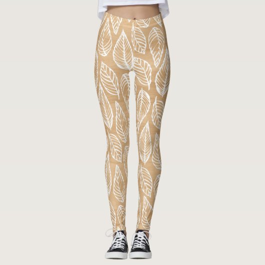 Rustikale Holzstruktur mit weißem Blätter Muster Leggings (Vorderseite)