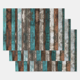 Rustikale Holztextur Aquamarin und braun dekoupage Geschenkpapier Set