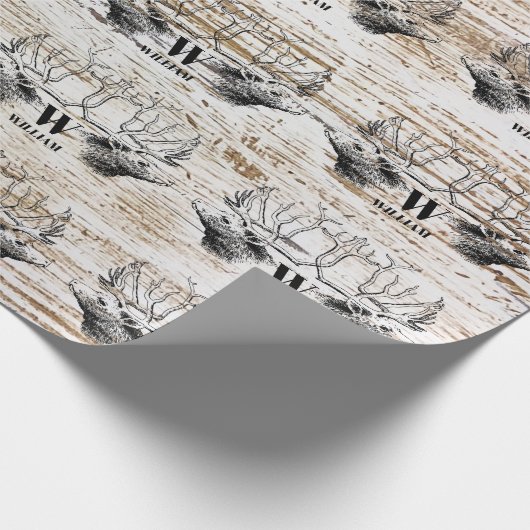 Rustikale Holztextur Hirschbaum Monogramm Geschenkpapier (Ecke)